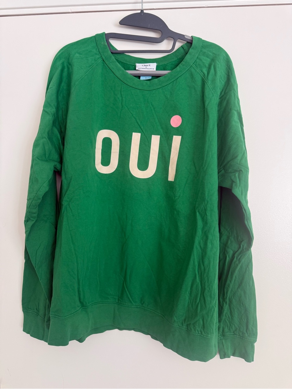 Clare V Green 'OUI' Crewneck Sweatshirt with Cream Logo and Pink Dot